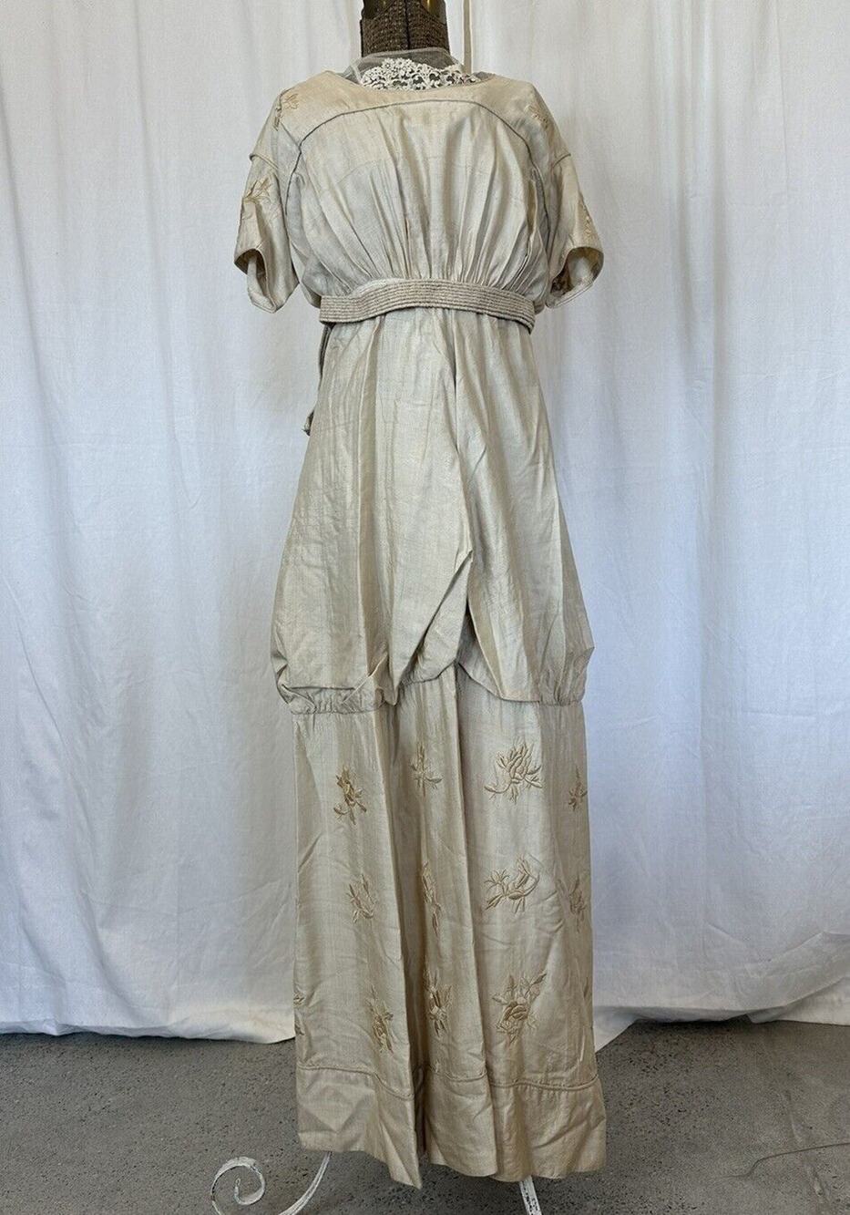 Womens XS Dress Silk Antique Victorian Edwardian Lace Floral Embroidery
